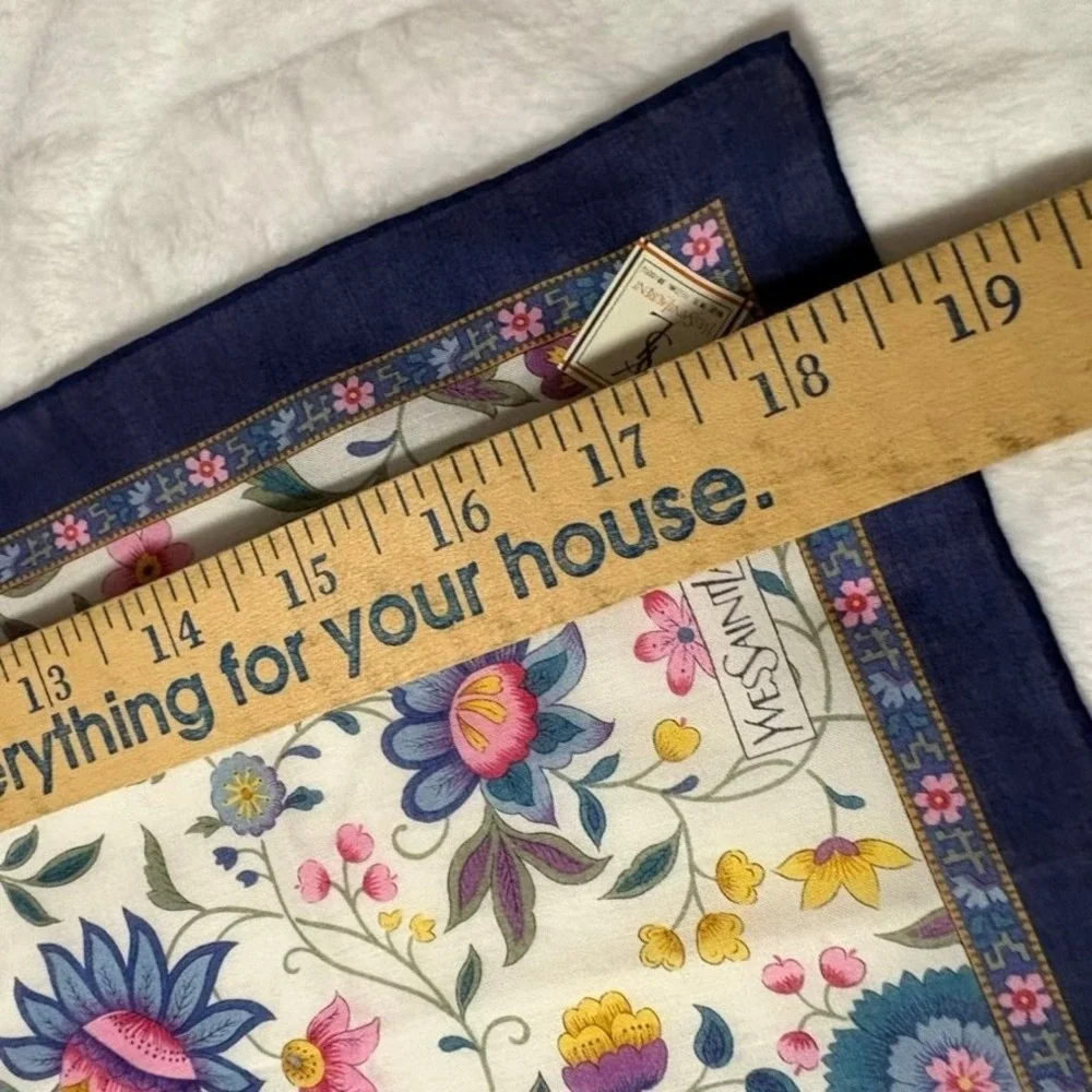 Vtg YVES SAINT LAURENT Scarf Handkerchief Floral Cotton Navy Blue 18.5